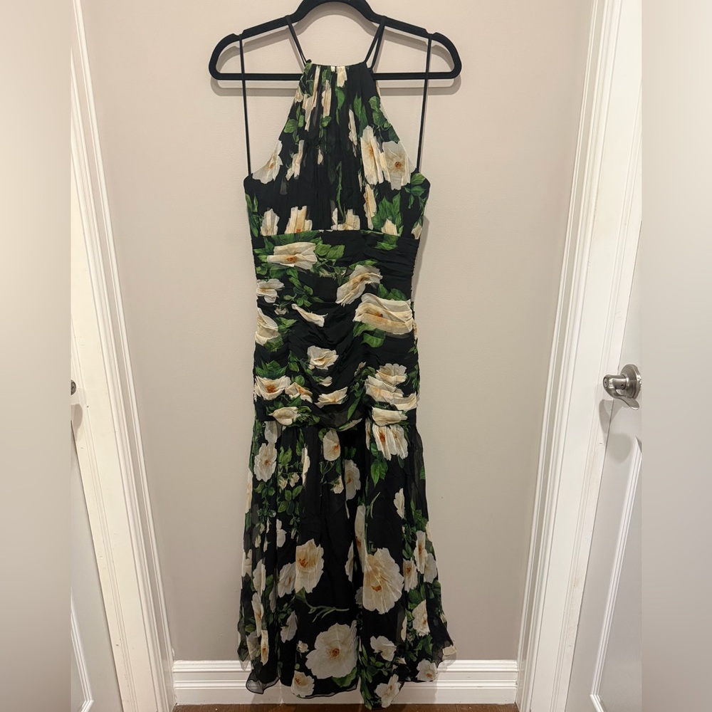 Carolina Herrera Womens Halter Neck Gathered Silk Midi Dress Floral Black - Picture 9 of 9